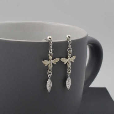 Sterling Silver Bumblebee Leaf Drop Earrings