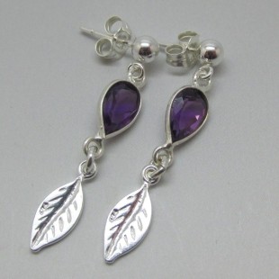 Amethyst and Sterling Silver Leaf Earrings