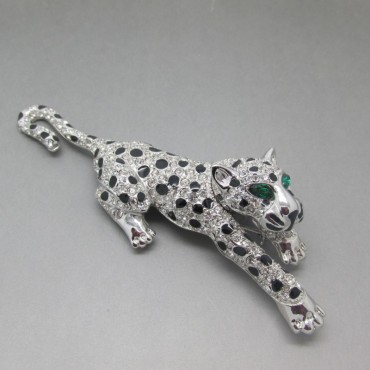 Panther Brooch with Diamante Crystals and Black Spots 