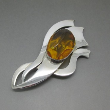 Large Amber Cabochon and Silver Statement Brooch UK