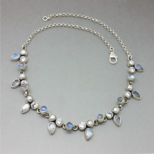 Stunning Blue Moonstone, Pearl and Crystal Necklace