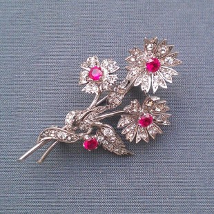 Sterling Silver Brooch with Pink Crystal Flower and Leaf Design